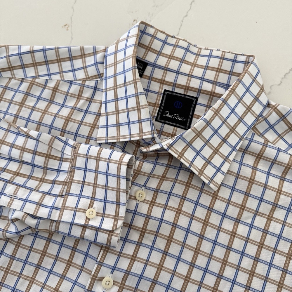 David Donahue Shirt Mens 17.5 34/35 Cotton Plaid Button Up Long Slv Brown Blue - Picture 1 of 13